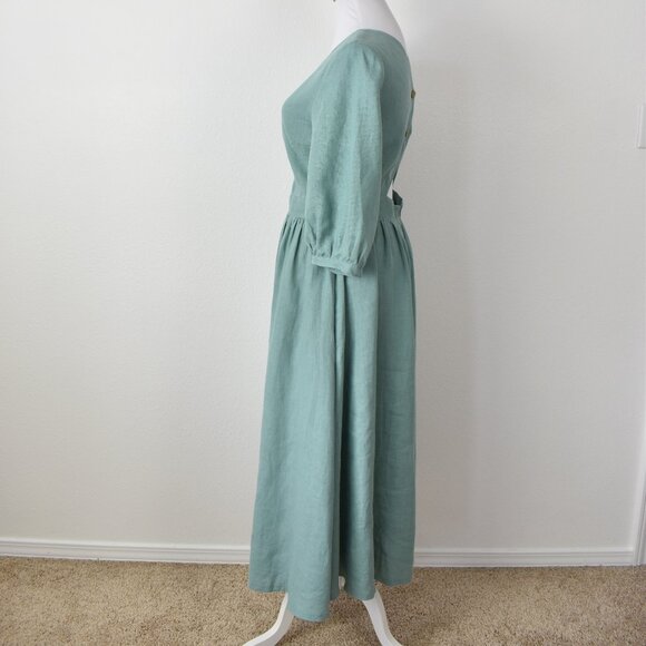 Linen Handmade Studio Open Back Madeleine Midi Dress Teal - 6 - Picture 4 of 11